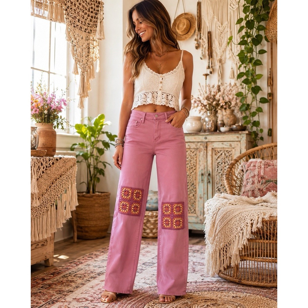 Judy Blue Pink Granny Square Jeans Wide Leg Jeans Stretch Boho Festival Size 11